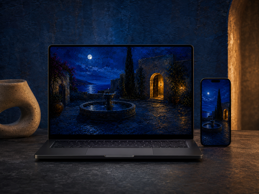 Cobalt Courtyard — 4K Desktop & Mobile Wallpaper